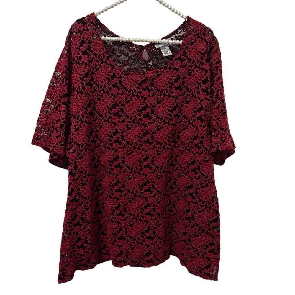 Catherines Womens Plus Size 3X red Floral Mesh Blouse  lace fairy whimsigoth Emb